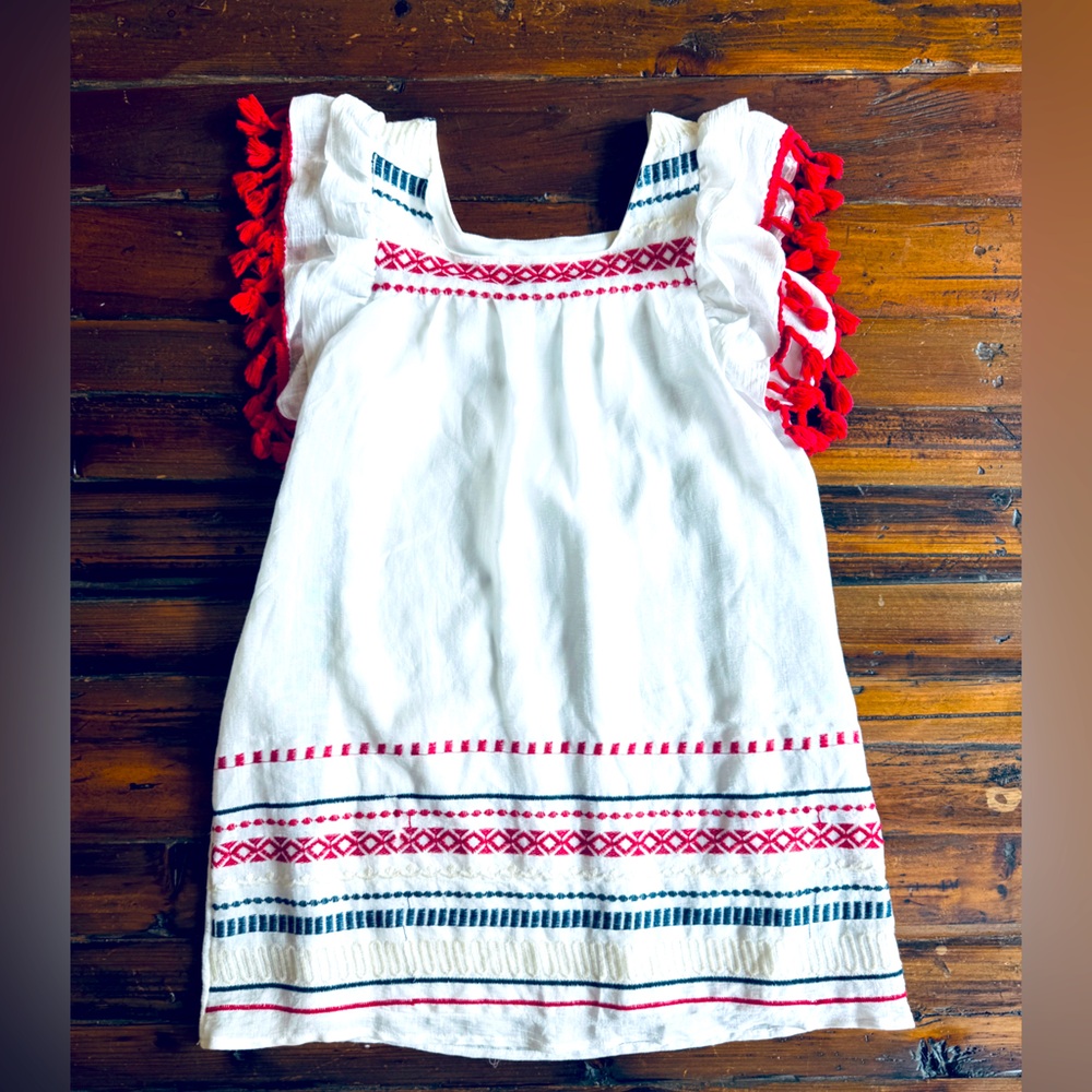 White, with Red and Blue Embroidering Dress